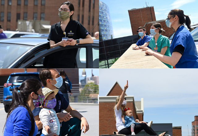 Johns Hopkins staff watching flyover of hospital