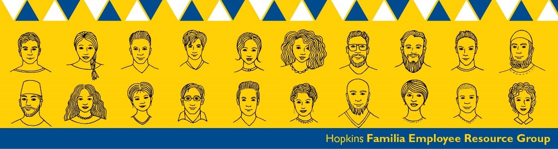 Illustrations of various diverse faces, representing the Hopkins Familia Employee Resource Group.