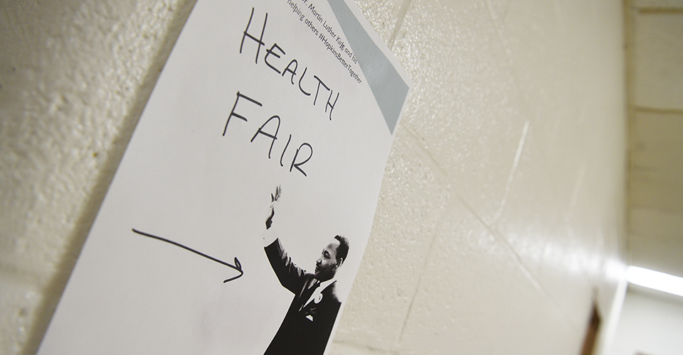 A sign directs attendees to the health fair.