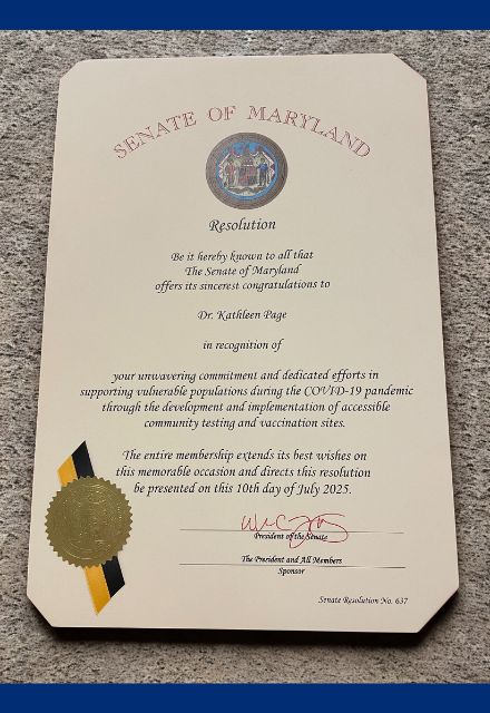 Resolution from the Maryland State Senate recognizing Dr. Kathleen Page for unwavering commitment and dedicated efforts in supporting vulnerable populations during the COVID-19 pandemic.