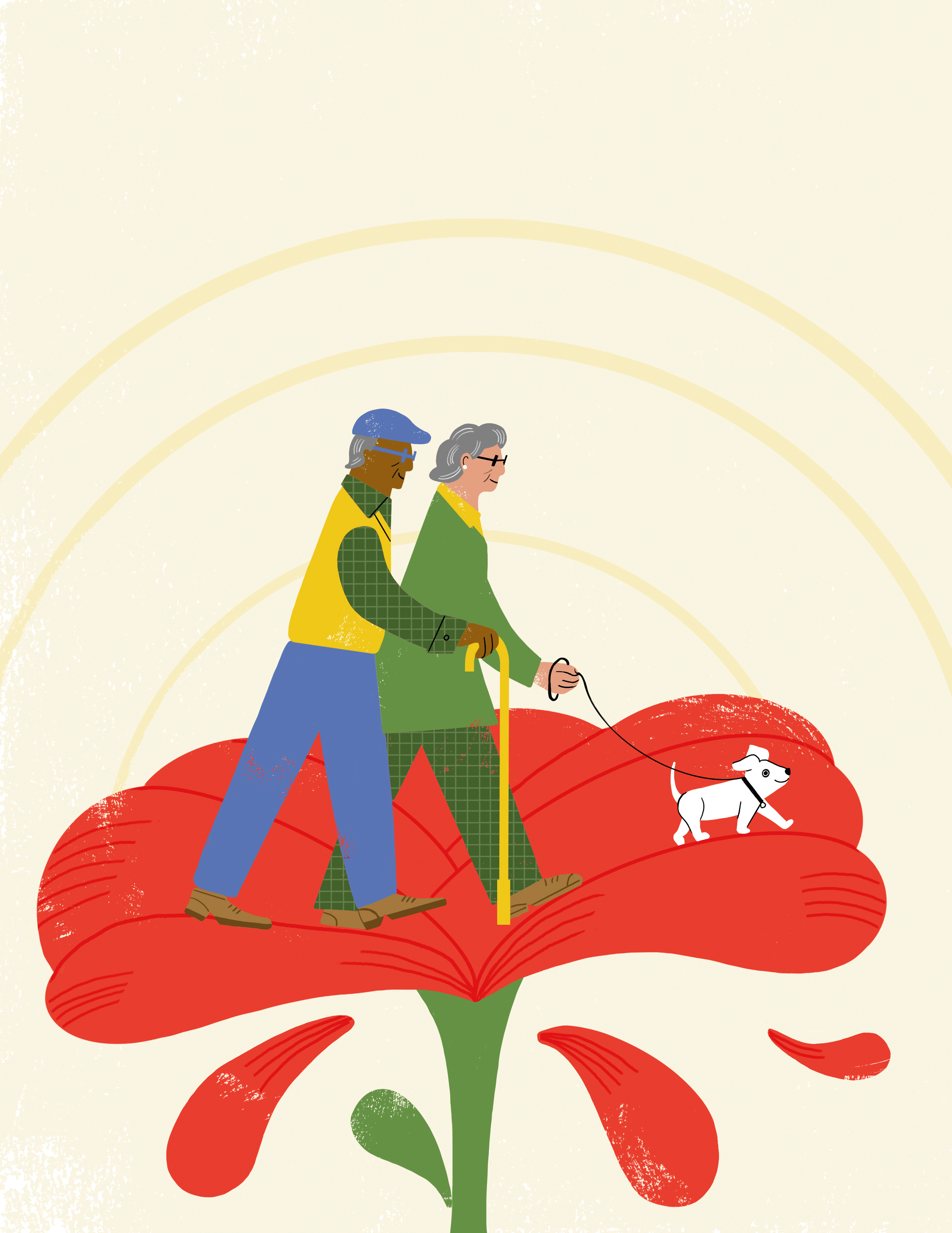 illustration of older people walking on a red flower