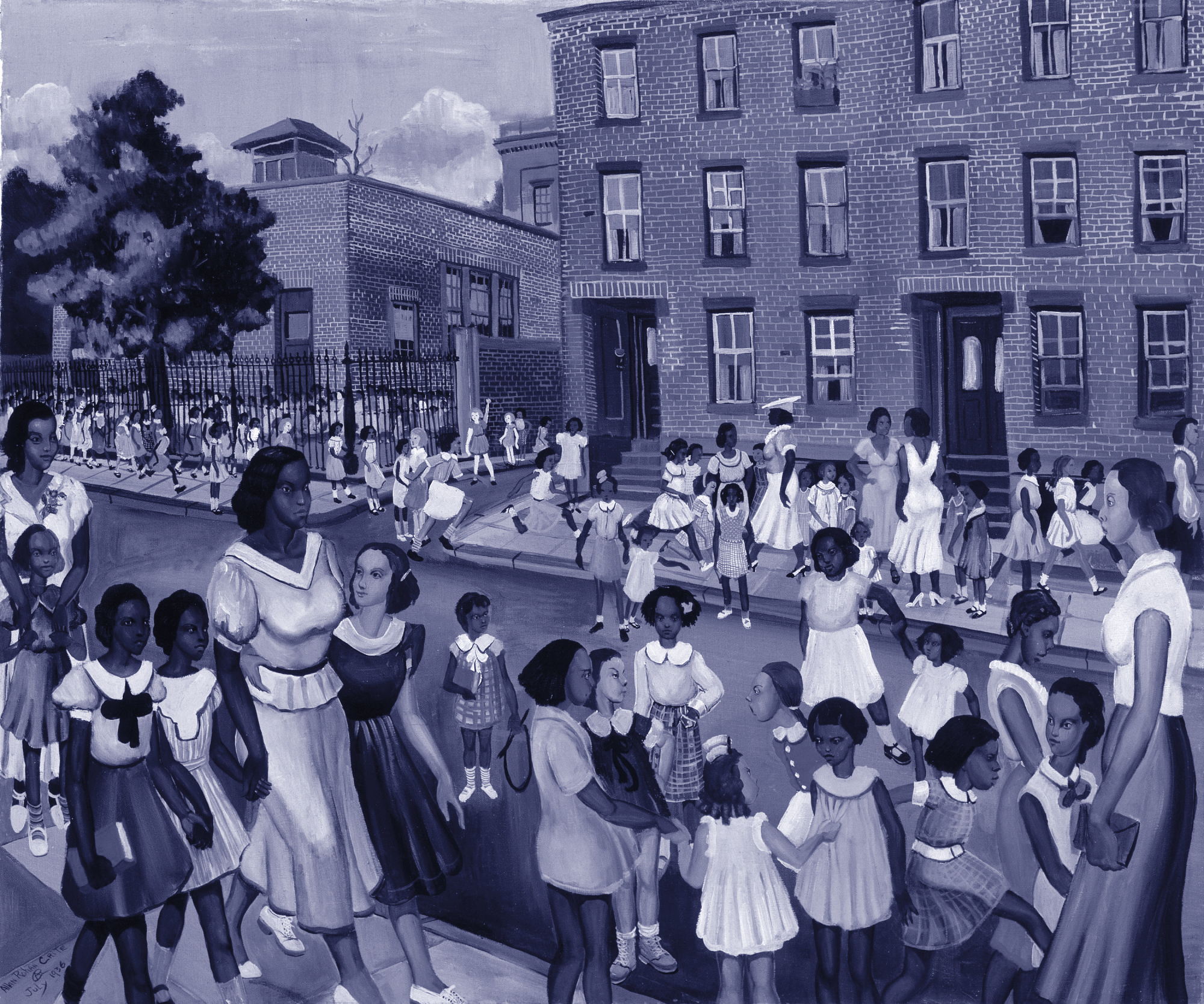 Painting of children and parents walking along a street 