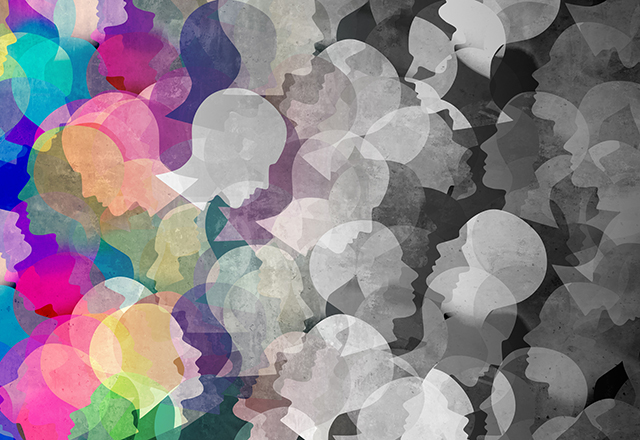 head profile collage illustration turns from multi-color on left to gray to right