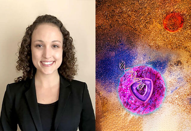Alyssa Krentz headshot and depiction of cancer cell