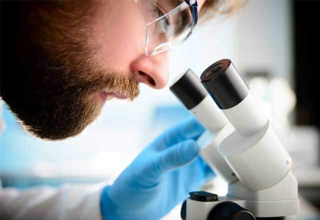 Researcher looks into microscope in lab