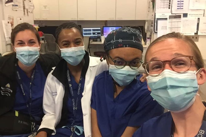 Gyn/Ob residents take a selfie during a break from clinical training