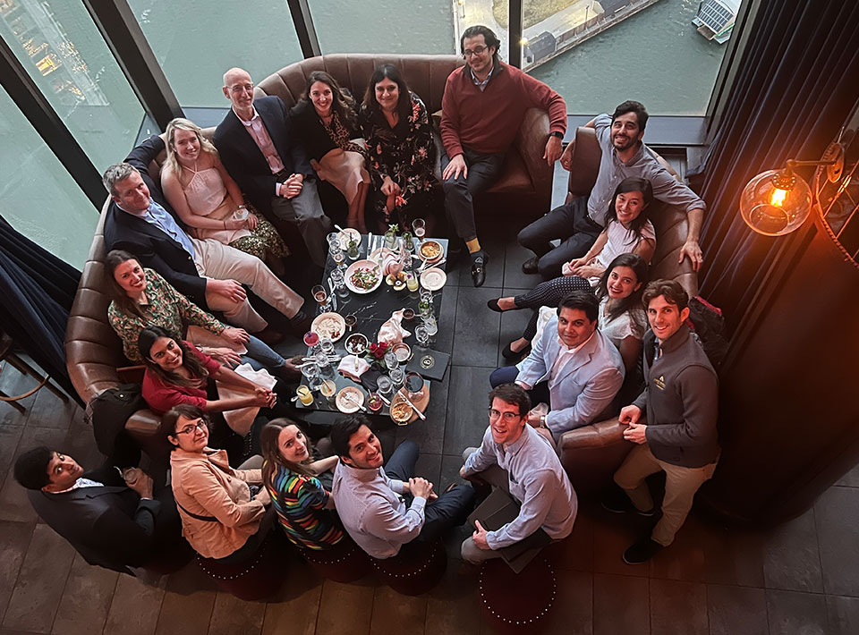 an aerial shot of a group of fellows at a restuarant