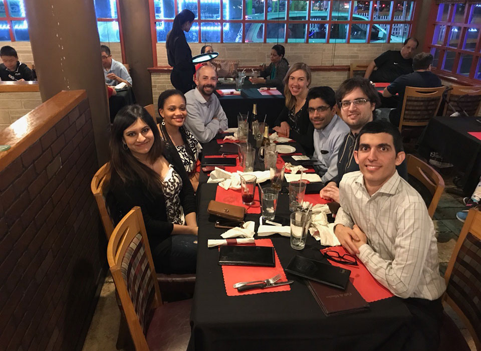 a group of fellows out at a restaurant