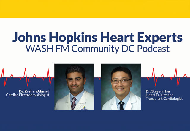Flyer reading, "Johns Hopkins WASH FM Community DC Podcast, featuring Dr Zeshan Ahmad, Cardiac Electrophysiologist and Dr. Steven Hsu, Heart Failure and Transplant Cardiologist"