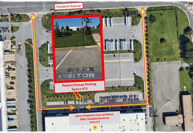 Aerial photo of the Holabird location with arrows and magnification pointing to the visitor pickup parking spot