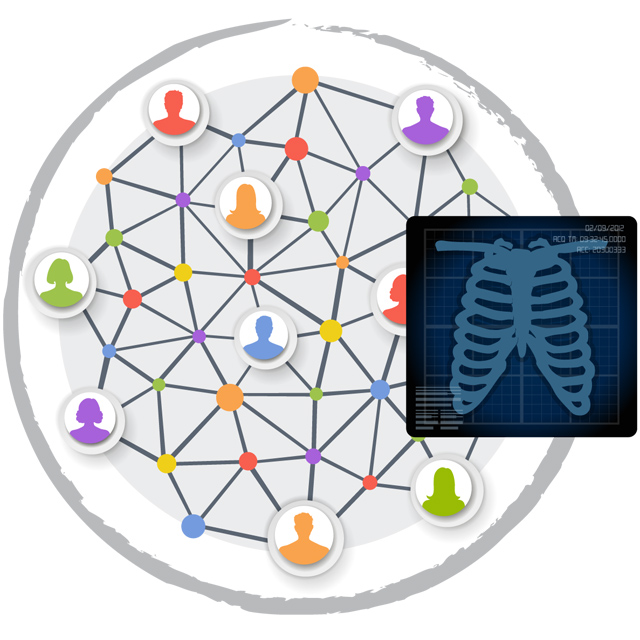 illustration of a web with silhouettes of people behind an x-ray image of the rib cage