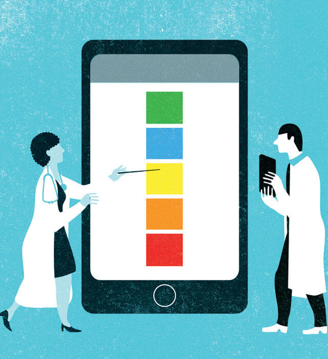 illustration of two doctors pointing at a giant tablet
