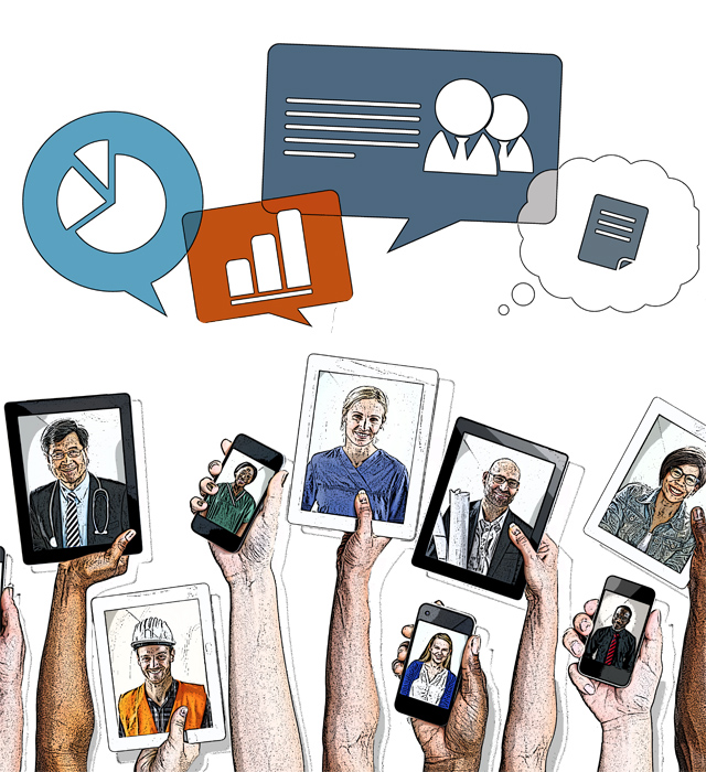 images of people displayed on tablets below icons of charts and graphs