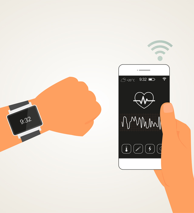 images of a smartwatch and mobile phone displaying pulse information and time
