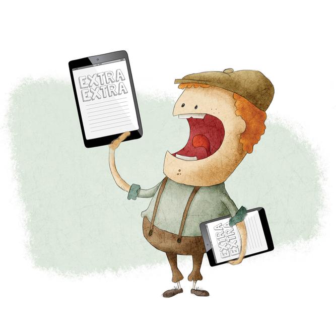 Illustration of a boy holding up a tablet displaying "extra extra"