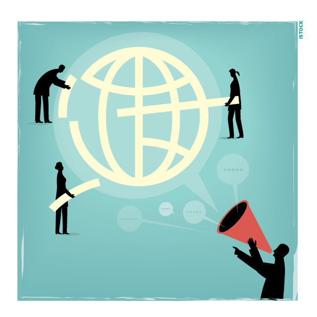 Illustration of men holding pieces of an abstract globe image