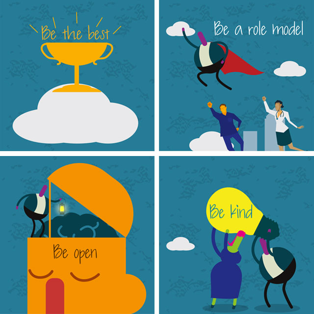 Illustrations for values - be the best, be a role model, be open, be kind