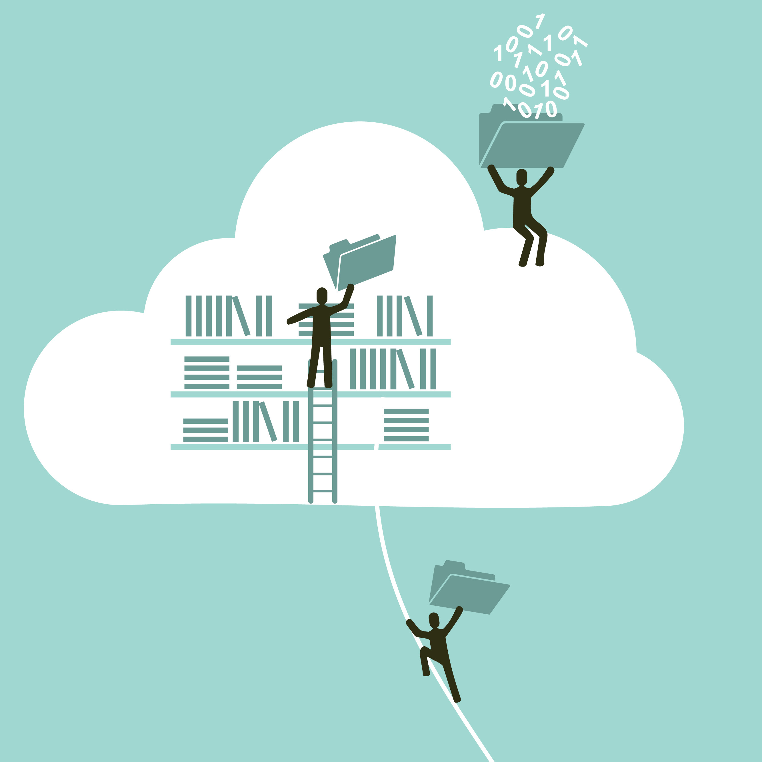 Illustration of a bookshelf and stick figures holding oversized folders inside of a cloud.