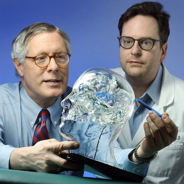Gregory Bergey and William Anderson discussing a model skull