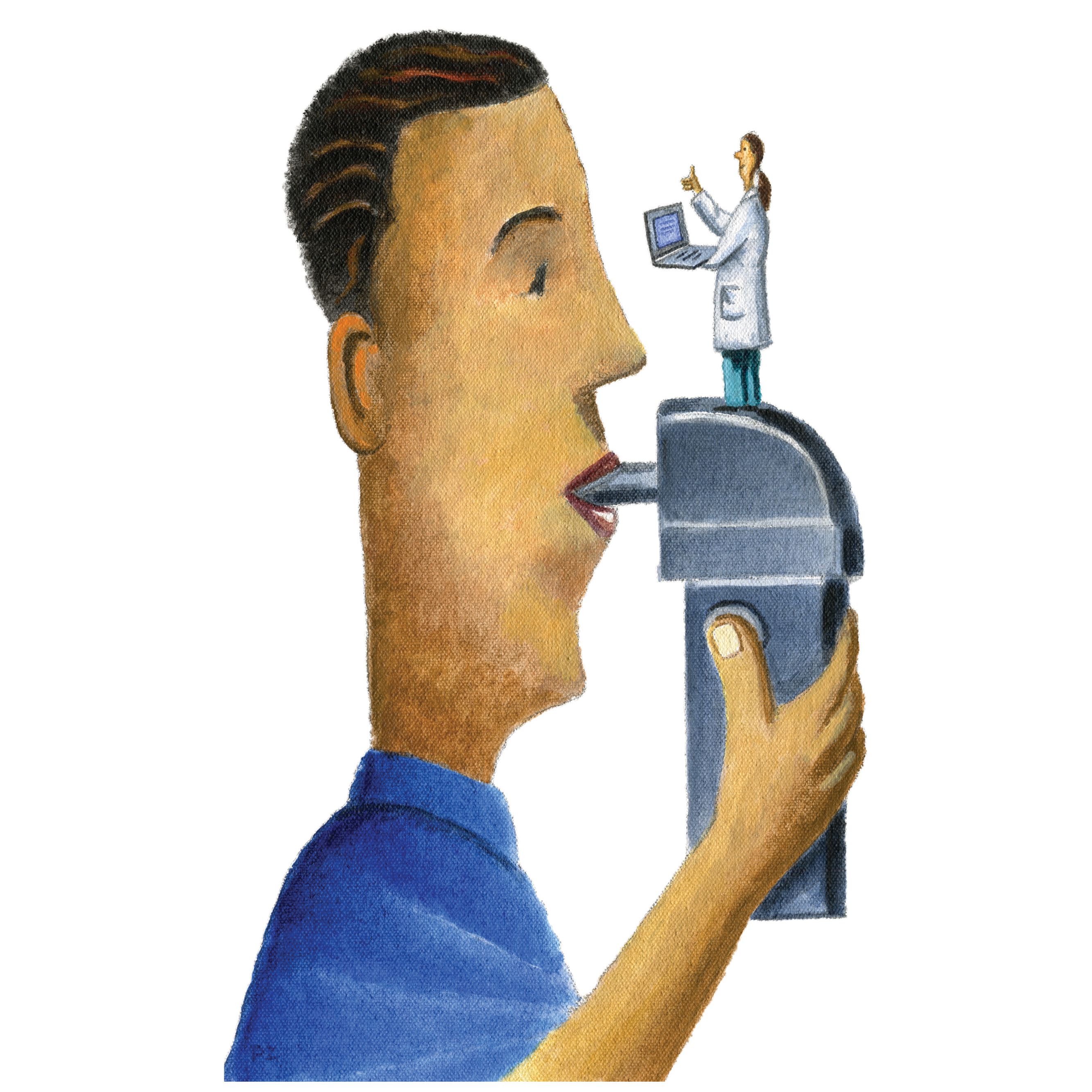Illustration of a man holding a device in his mouth with a tiny doctor standing on top of it.