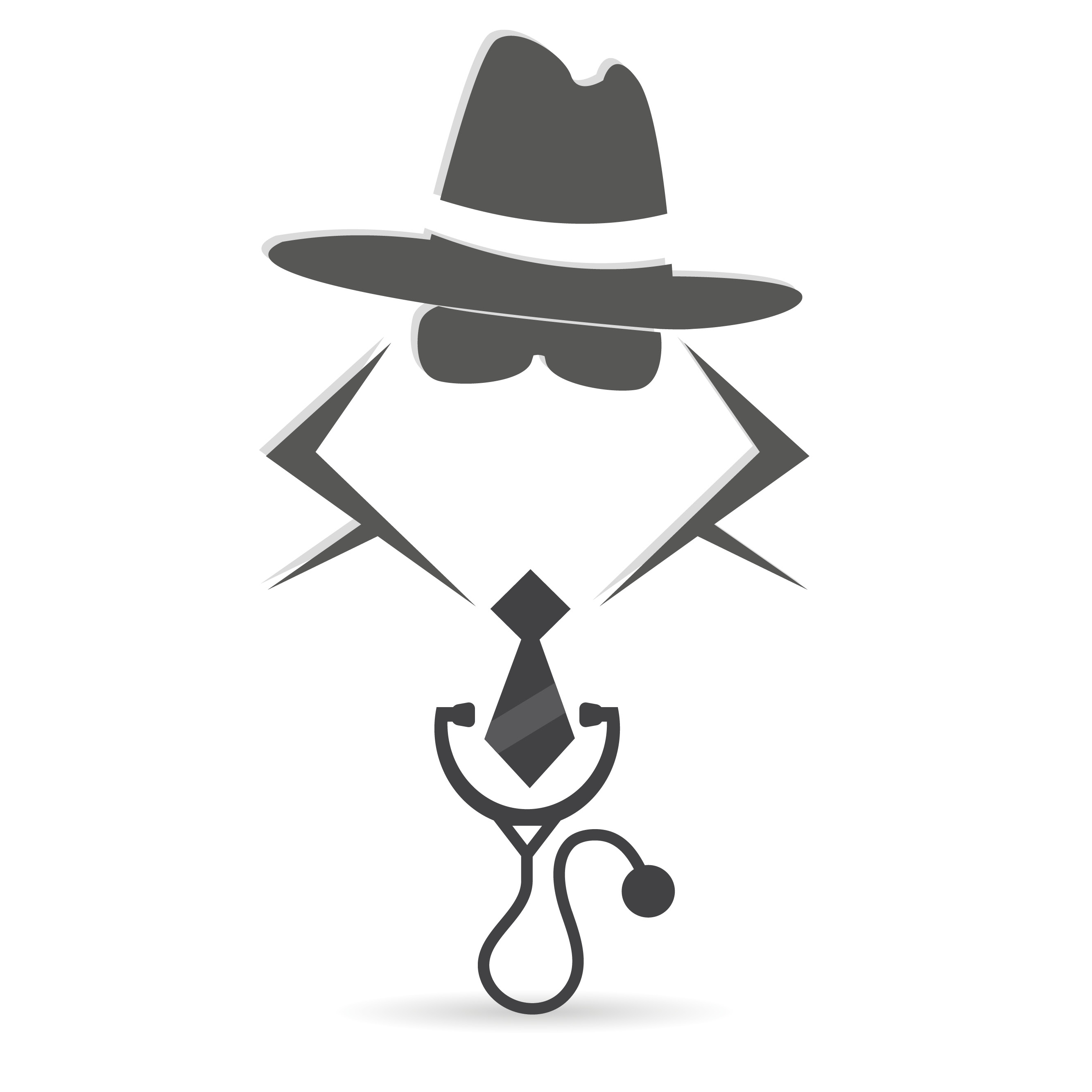 Illustration of a man in a trenchcoat, sunglasses and hat with a stethoscope.