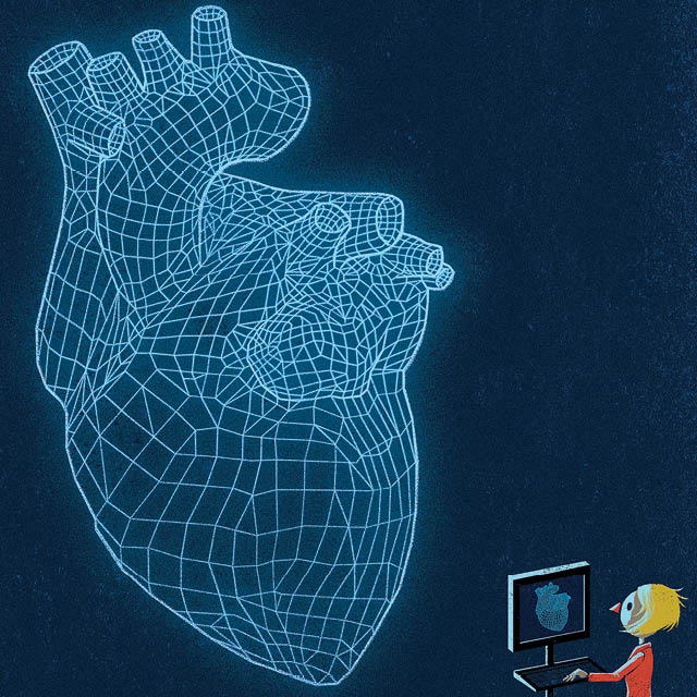  illustration of a woman at a computer looking at a projection of a heart