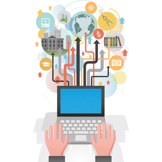 Illustration of hands on a keyboard, a computer screen and arrows pointing to various images.