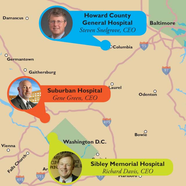 Map showing locations of Howard County General Hospital, Suburban Hospital and Sibley Memorial Hospital.
