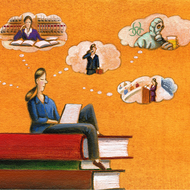 Illustration of a graduate student pondering her career opportunities.