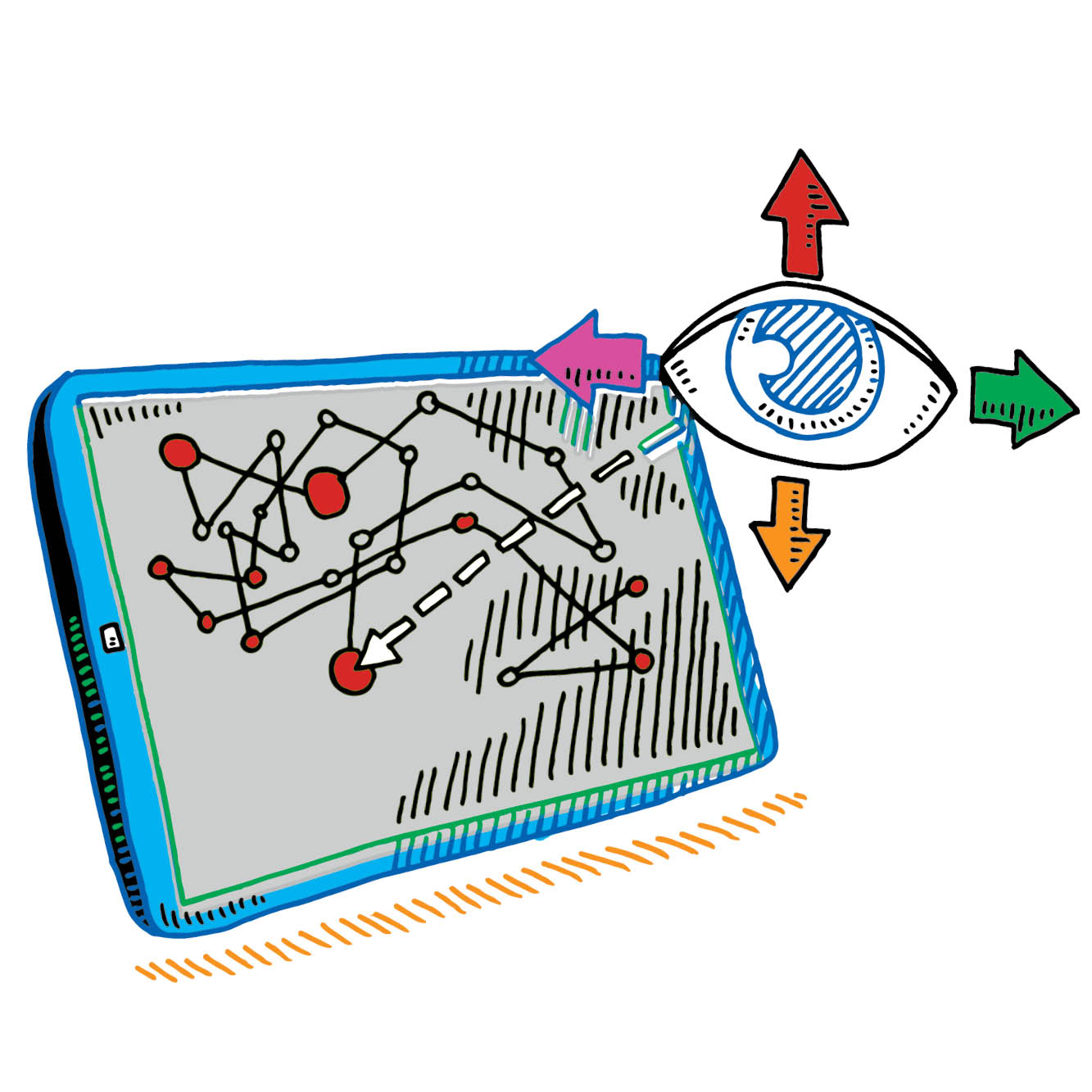Illustration of an eye with arrows pointing in all directions in front of a tablet displaying a diagram