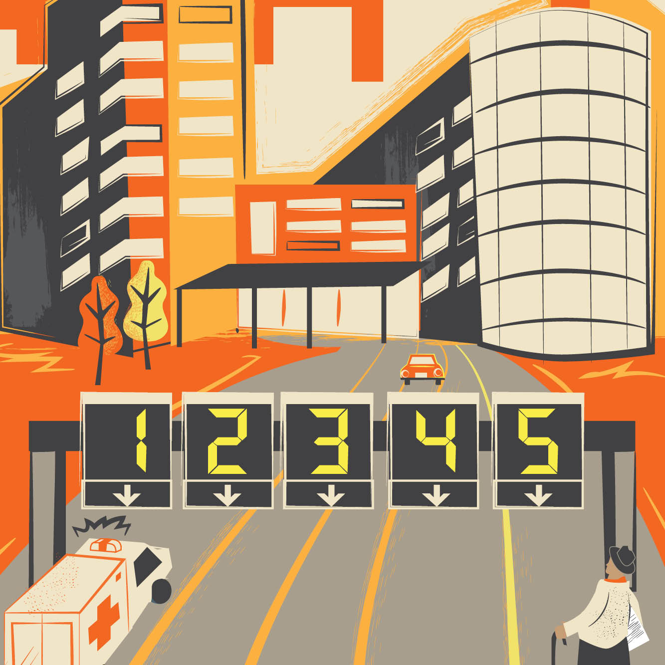 The numbers 1 through 5 appear on signs, one over each of five lanes on a highway with a city in the background