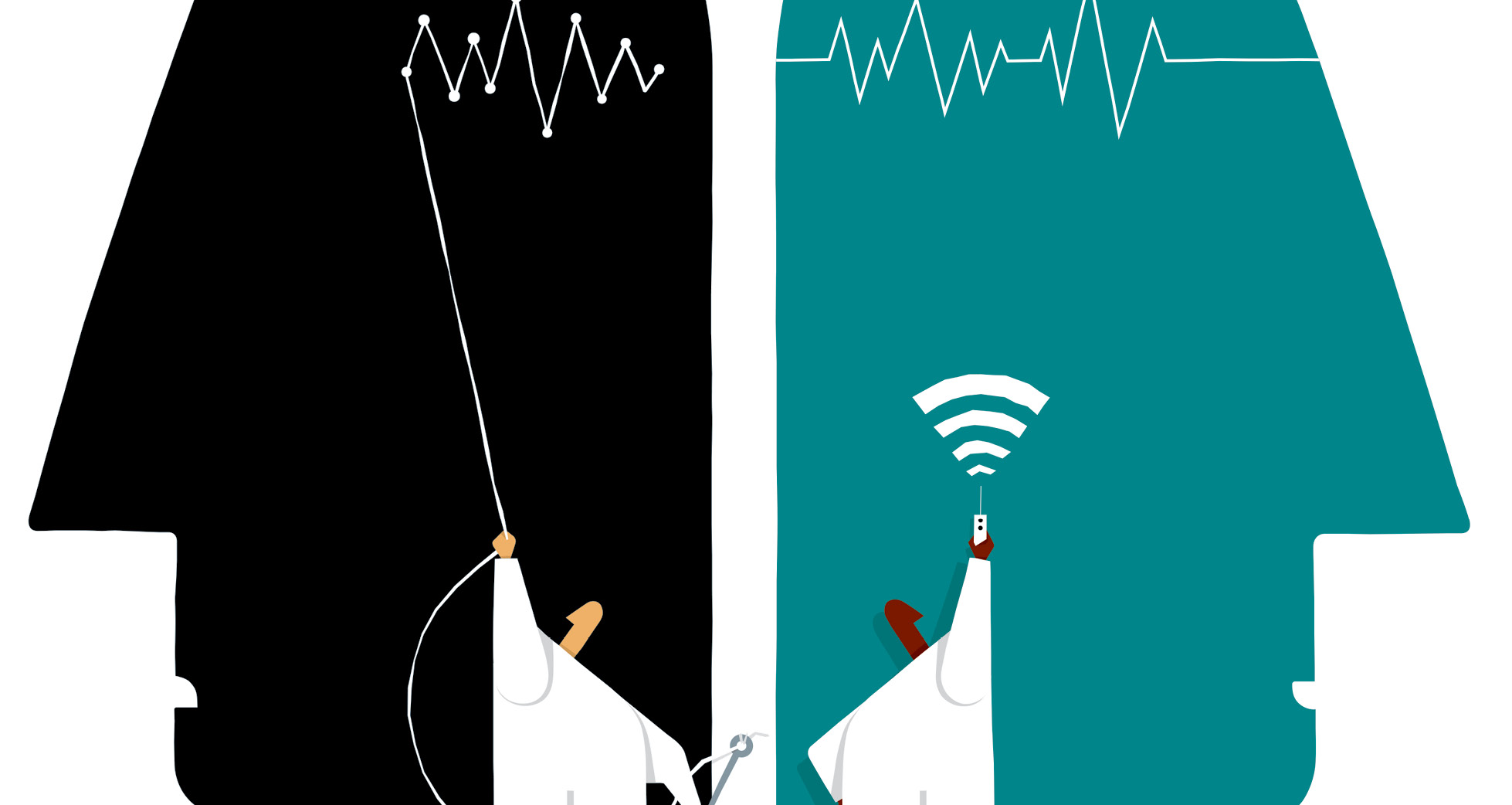 illustration of two doctors experimenting on two heads