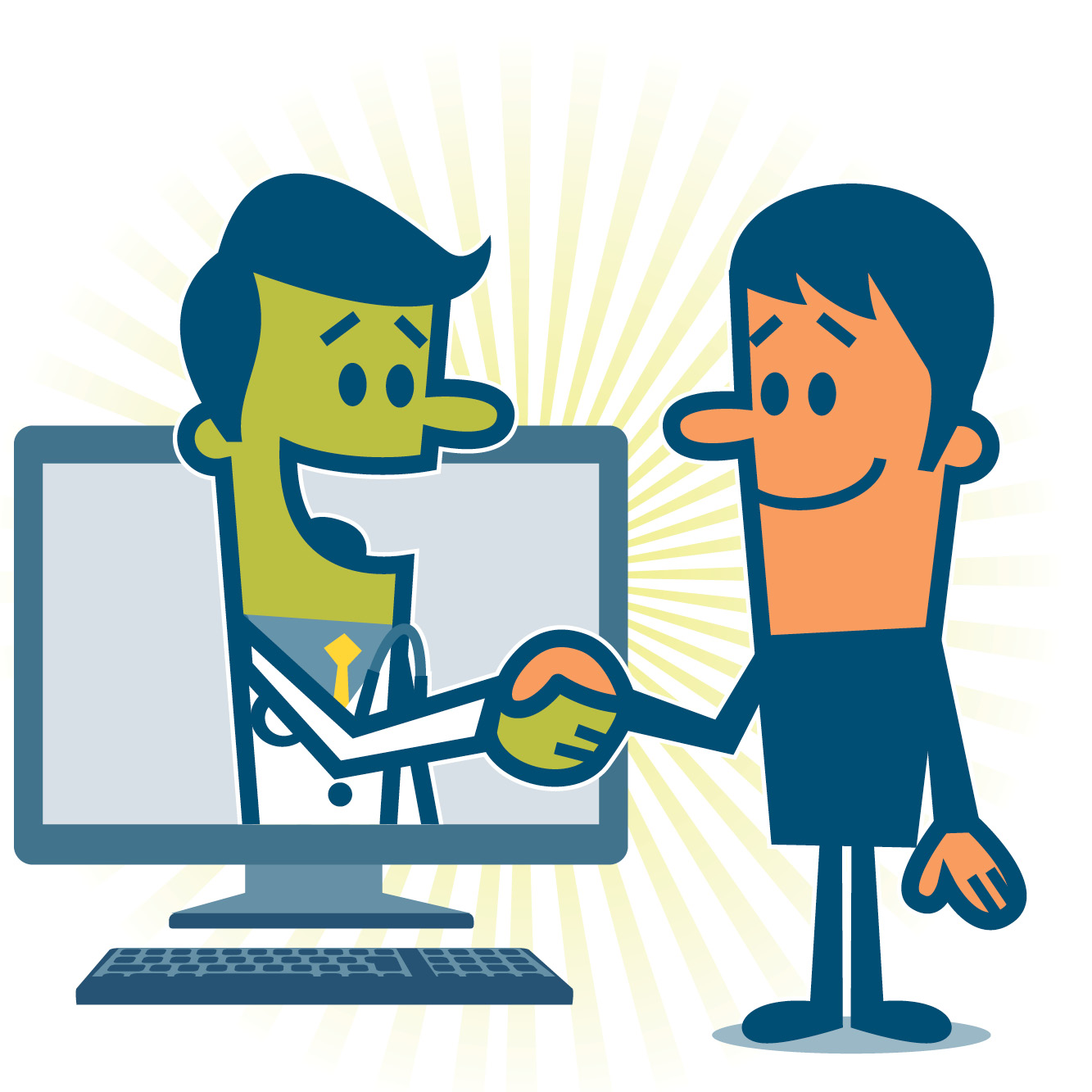 Illustration of a man shaking hands with a doctor projecting out of a computer screen