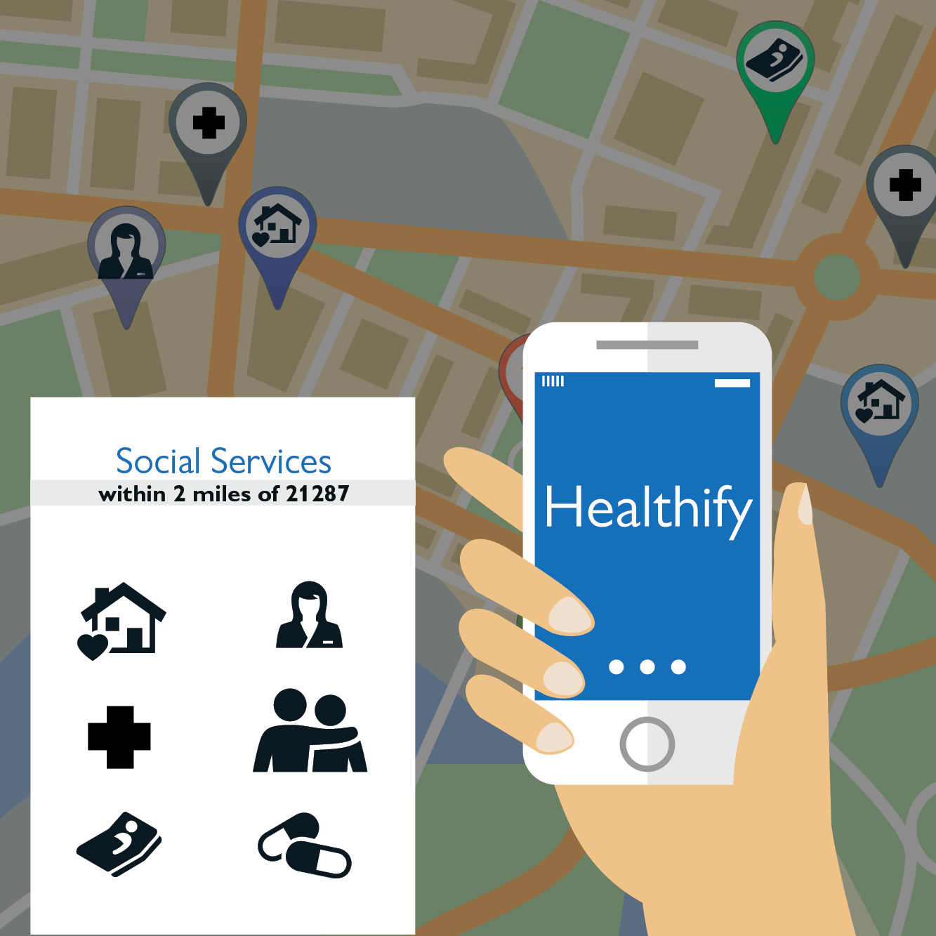 Illustration of a hand holding a smartphone in front of an online map depicting social services within two miles