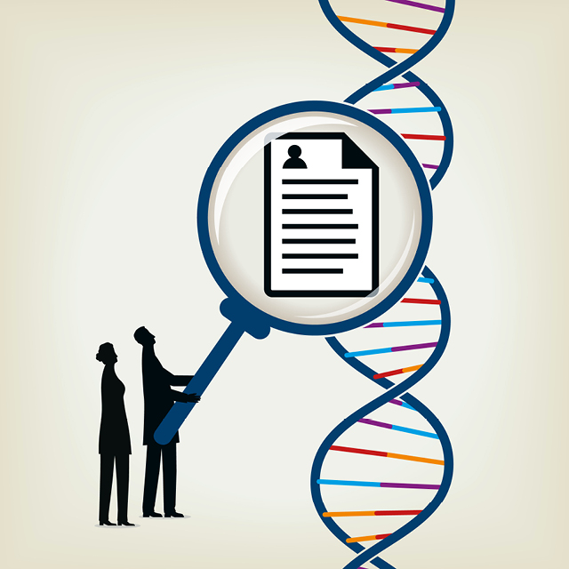 Two figures place a magnifying glass over a strand of DNA.