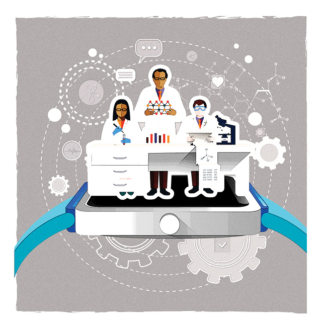 Illustration of three scientists working in a lab
