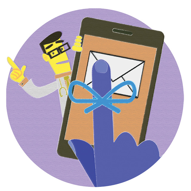 Illustration of a string tied around an index finger pointing at an envelope on the screen of a smart phone in front of a doctor