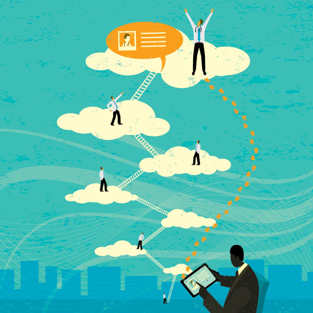 Illustration of men climbing up ladders between clouds