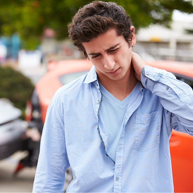 The image shows a person with neck pain.