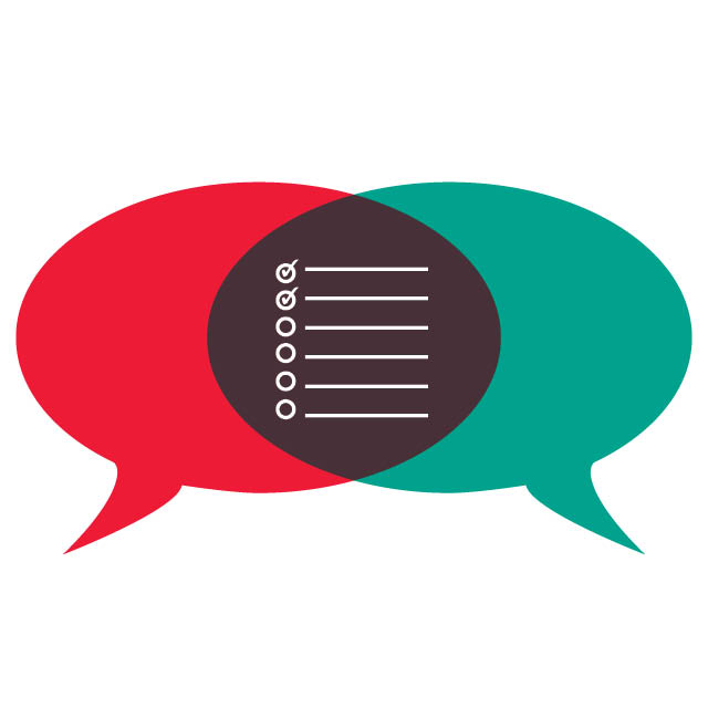 illustration of two intersecting speech bubbles with a checklist in the middle