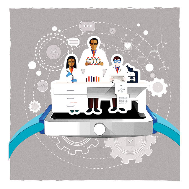 Illustration of three scientists working in a lab
