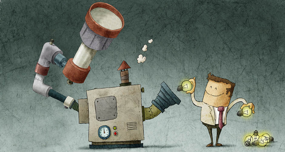 Illustration of a man feeding light bulbs to a machine