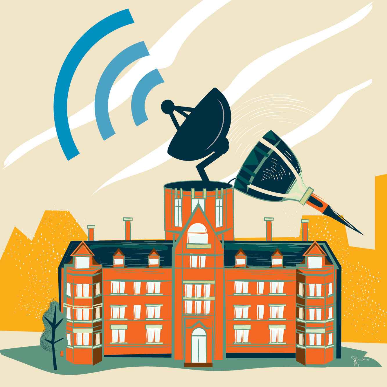 Illustration of a satellite on top of a building