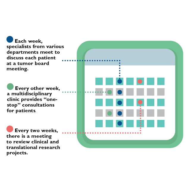 The graphic shows a calendar with activities for multidisciplinary sarcoma care. 