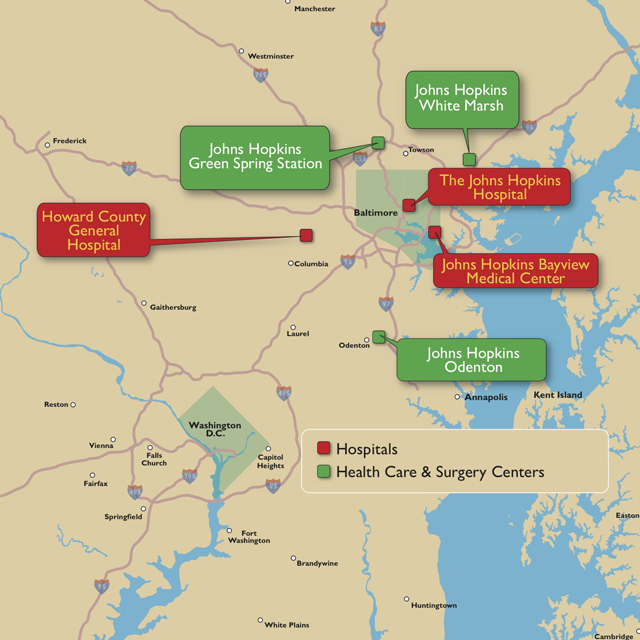 The map shows the locations for Johns Hopkins Physical Medicine and Rehabilitation. 