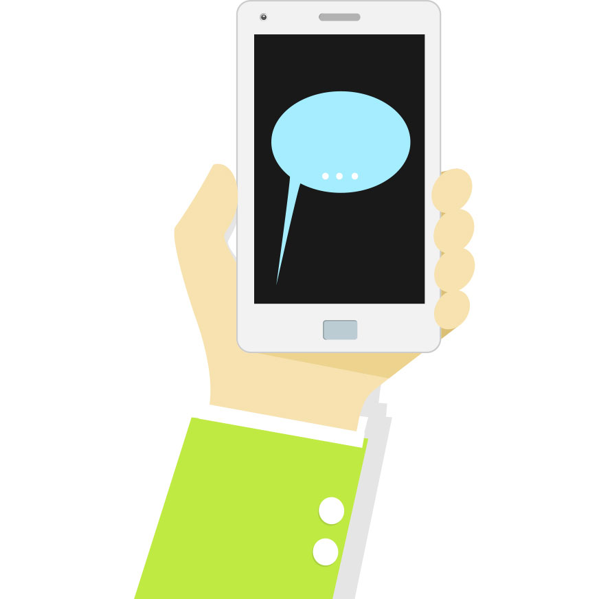 A graphic shows a hand holding a phone with a conversation bubble. 