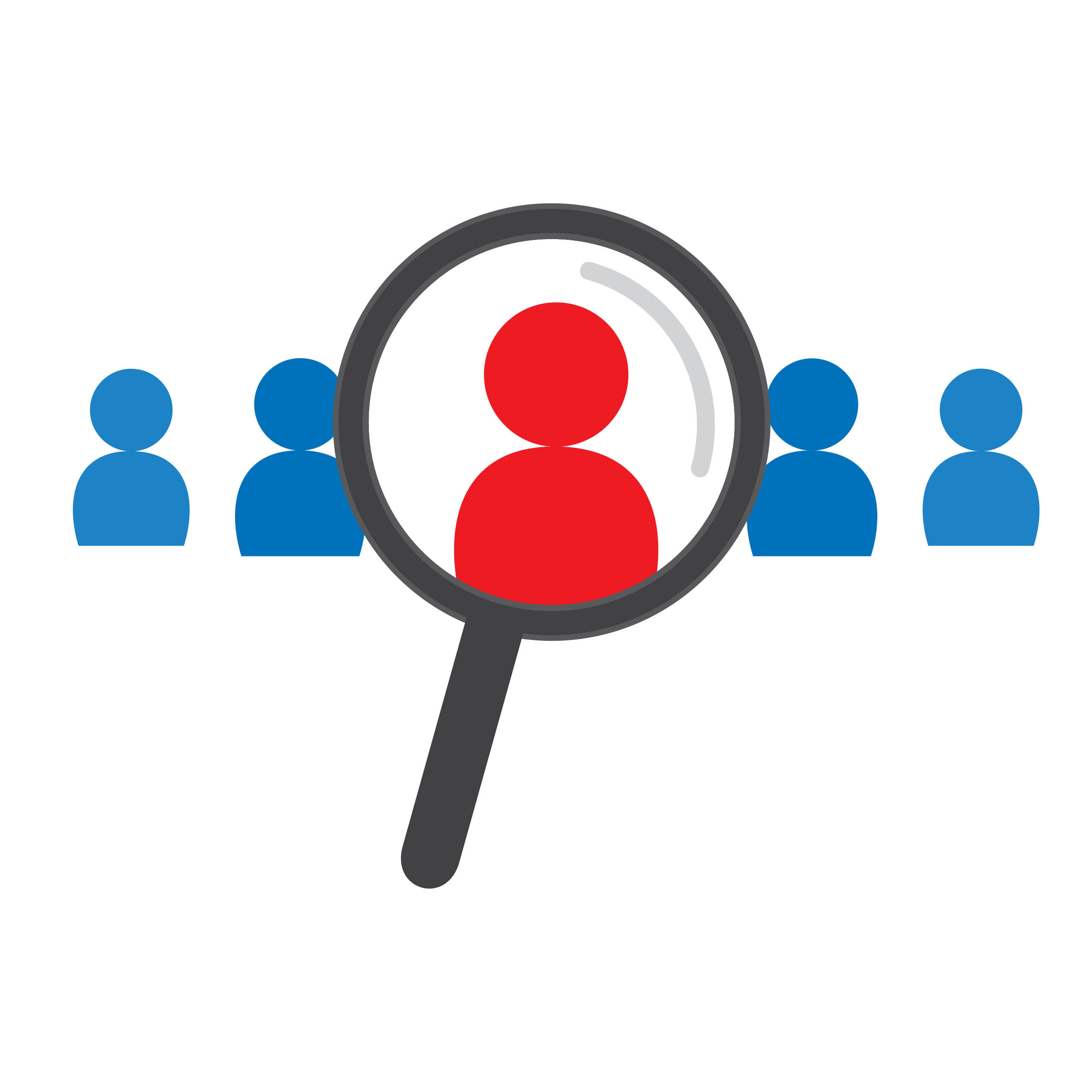 The graphic shows a magnifying glass on one of several people. 
