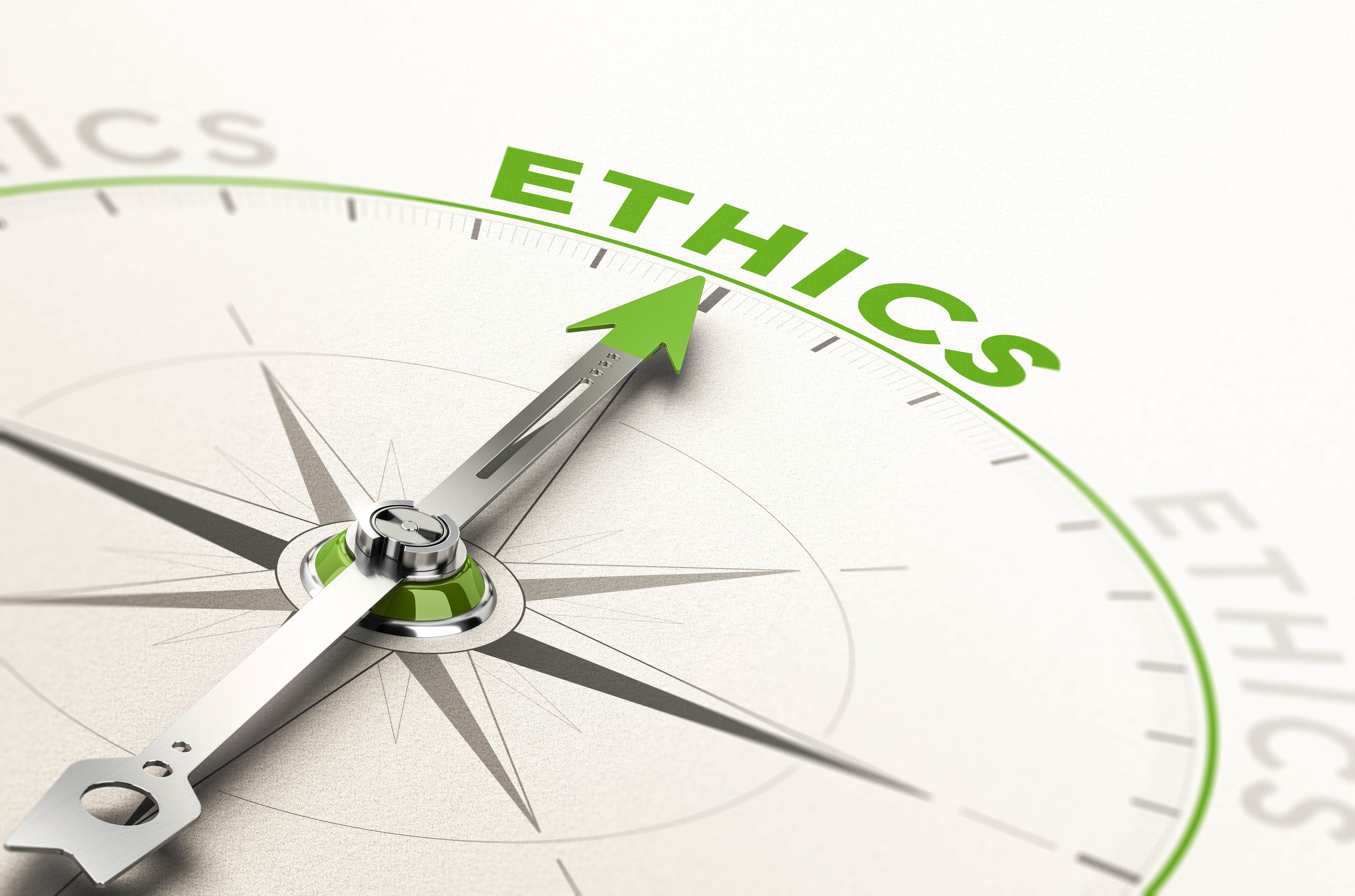 The graphic shows a compass with the needle pointing toward ethics.