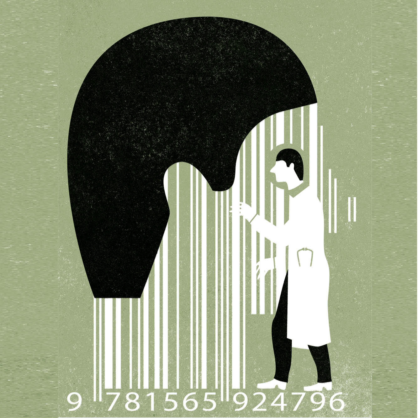 Illustration of brain anomalies rendered with bar code-like data identification numbers.