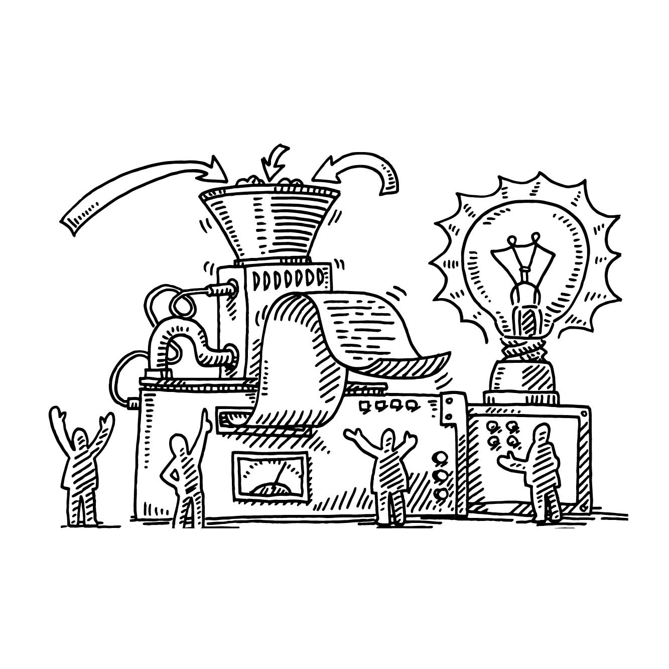 Illustration of a Rube Goldberg-like machine showing as data goes in, fresh ideas come out.
